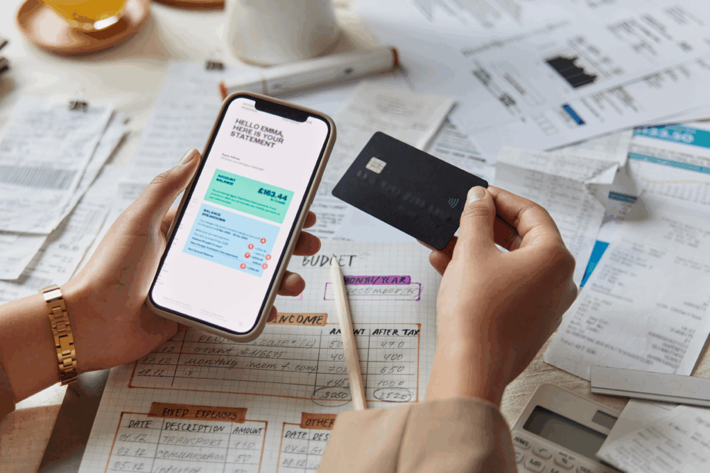 Can Credit Card Companies Garnish Your Wages? Hands hold a smartphone showing a bank statement and a credit card above a table covered with bills, receipts, and a handwritten budget.