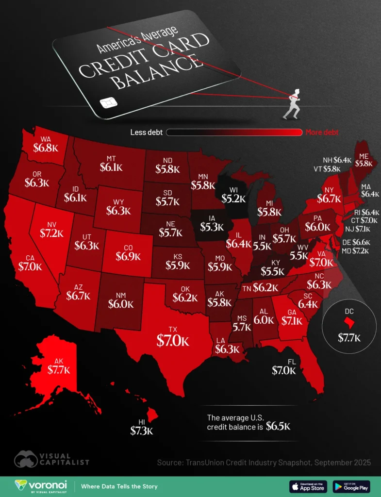 Mapped: Average Credit Card Debt by State in 2025
