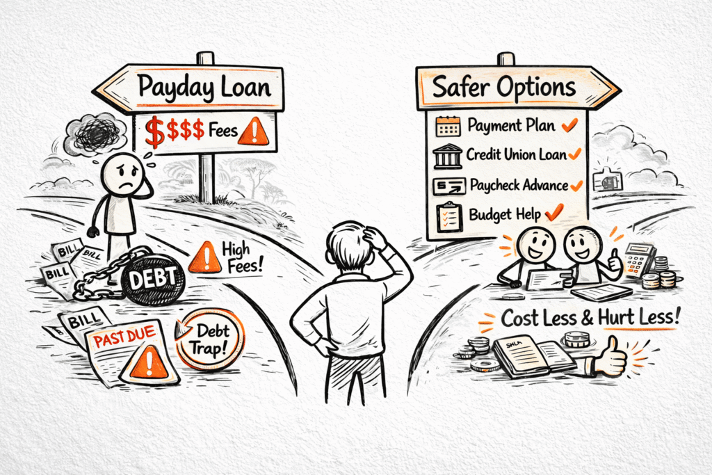 Illustration comparing payday loans with safer borrowing options like payment plans and credit union loans