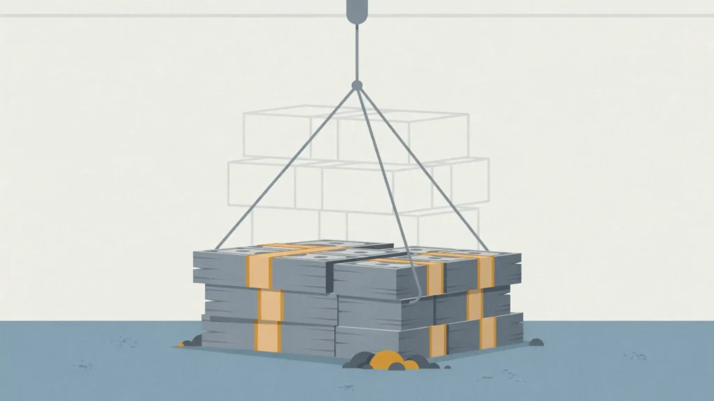 Illustration of a foundation block made of bundled cash being set in place, with three empty outlined blocks waiting to stack on top.
