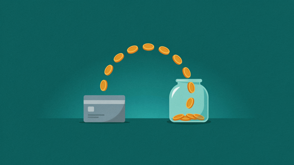 A Cash Back Credit Card Turns Everyday Spending Into Automatic Savings Cash back credit card beside a glass savings jar, with gold coins looping from the card back into the jar.