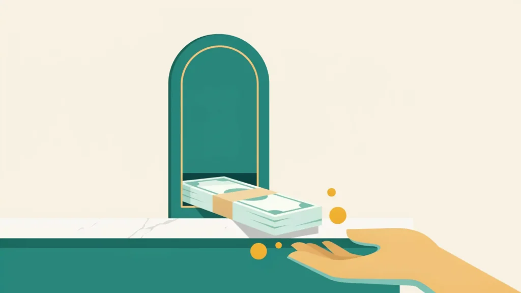Banks Will Pay You $200-500 Just to Open a New Account Illustration of a bank teller window sliding a stack of cash toward an open hand, representing a bank paying a cash bonus to a new account holder.