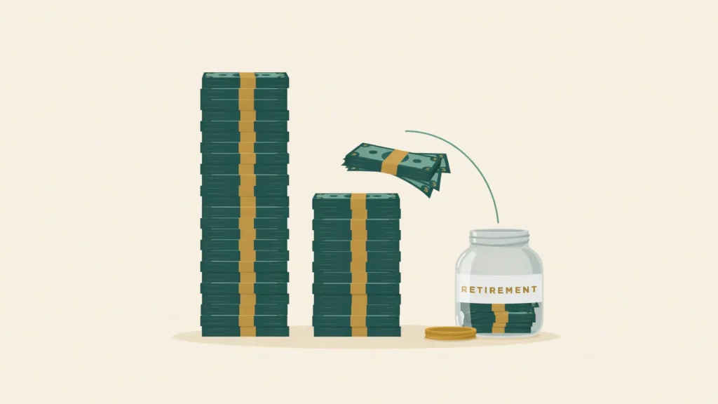 A tall stack of cash splits in two as a thick slice drops into a teal savings jar, leaving a shorter stack behind.