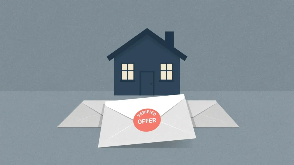 Get Mortgage Pre-Approval Before You Start House Hunting A mortgage pre-approval envelope with a coral seal rises above two plain offer envelopes on a table before a small house.