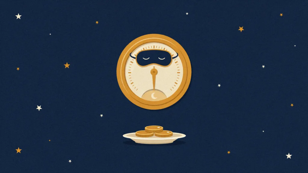 A round thermostat in a sleep mask, its needle turned down to a crescent moon, above a plate of three gold coins.