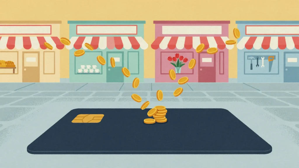 Gold coins arcing from four local shops into a stack on a navy credit card