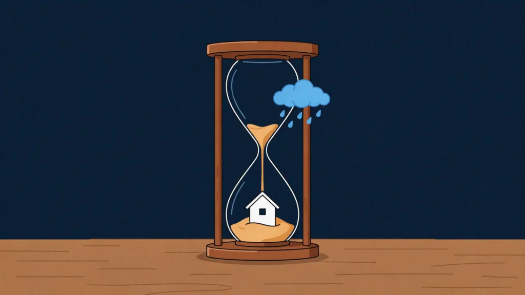 A tiny house sits on sand inside an hourglass as the sand runs down and a rain cloud gathers beside the glass.
