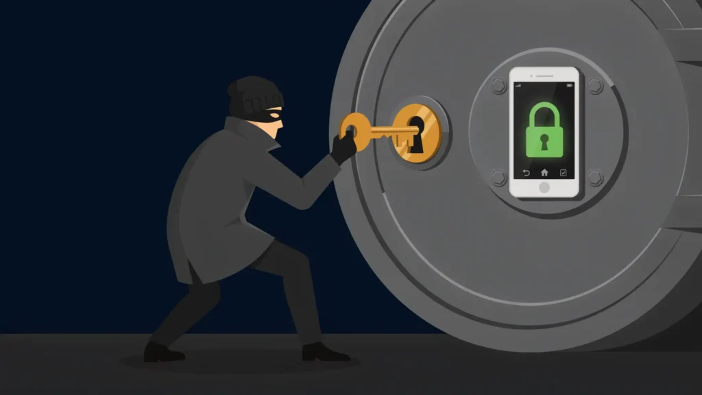 Two-Factor Authentication – 30 Minutes to Secure Every Financial Account Two-factor authentication as a masked burglar straining at a key in a bank vault door that a smartphone lock keeps shut
