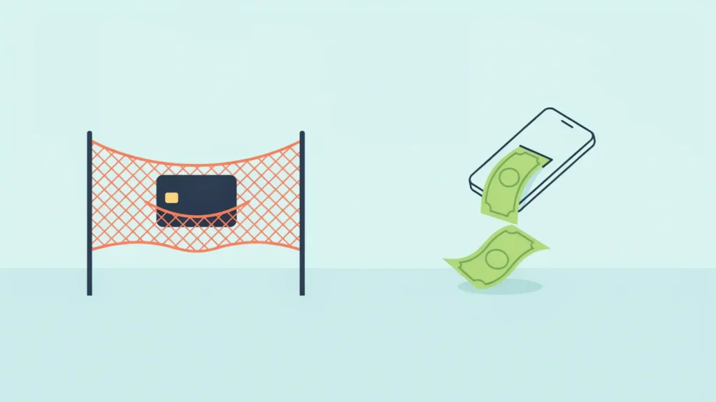 A credit card is caught in a safety net while banknotes slip out of a phone and drop to the ground.